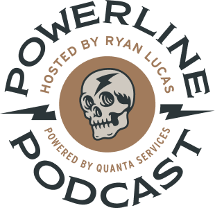 Powerline Podcast logo. The text reads: Powerline Podcast - Hosted by Ryan Lucas - Powered by Quanta Services. The text is in two concentric circles with a skull illustration at the center with lightning bolds.