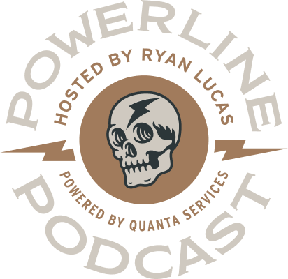 Powerline Podcast logo. The text reads: Powerline Podcast - Hosted by Ryan Lucas - Powered by Quanta Services. The text is in two concentric circles with a skull illustration at the center with lightning bolds.